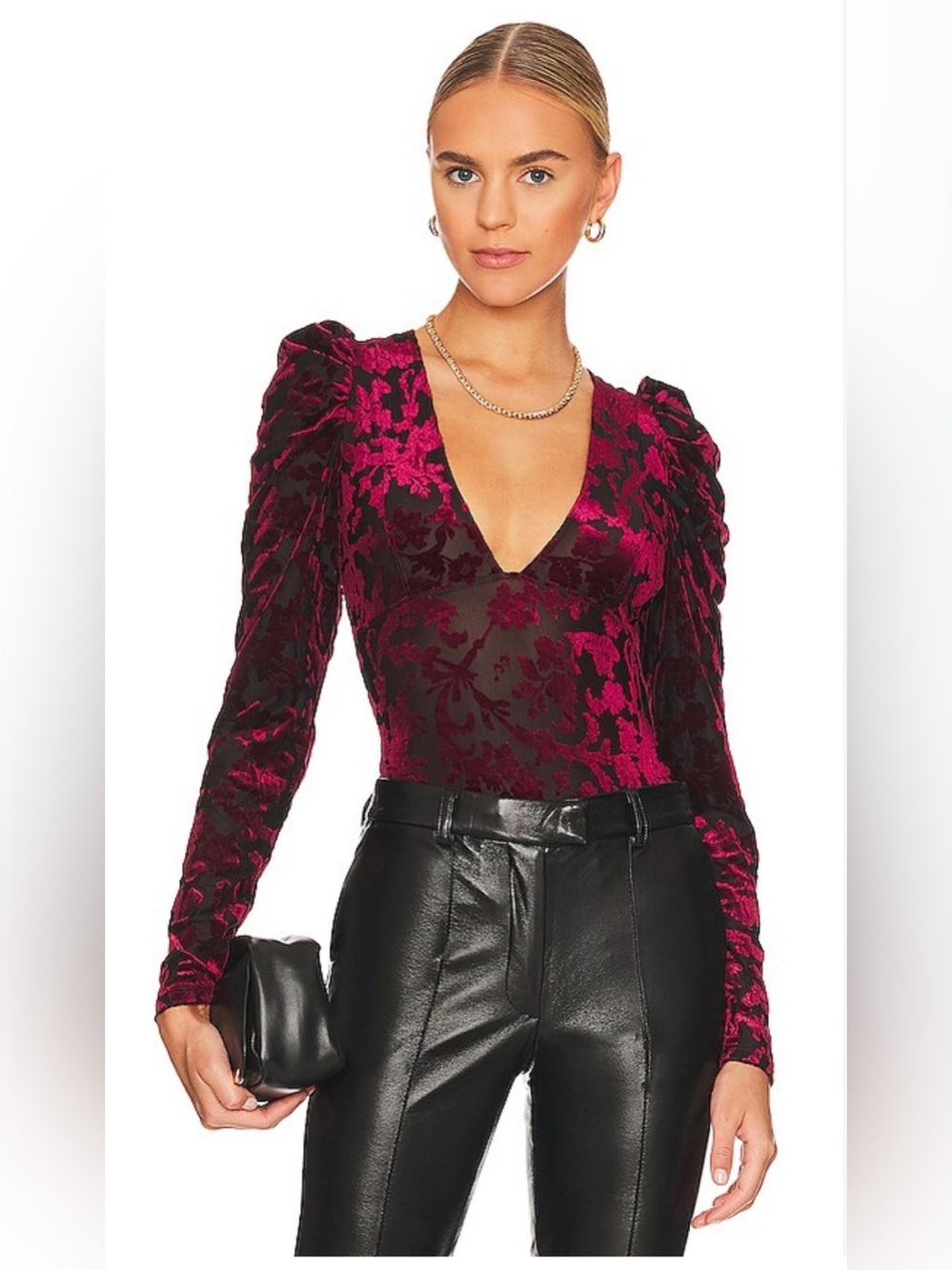 Free People Plunge V-Neck Velvet Burnout magic hour bodysuit